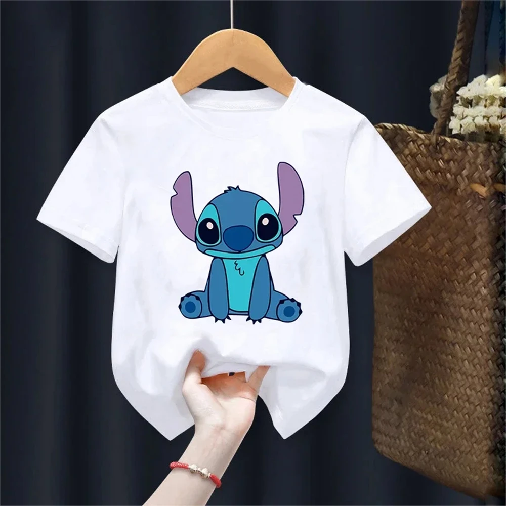 MINISO Lilo Stitch Children T-Shirt Kawaii T Shirt Anime Cartoons Children Casual Clothes Tee Shirt Kid Girl Boy Fashion Y2K Top-animated-img