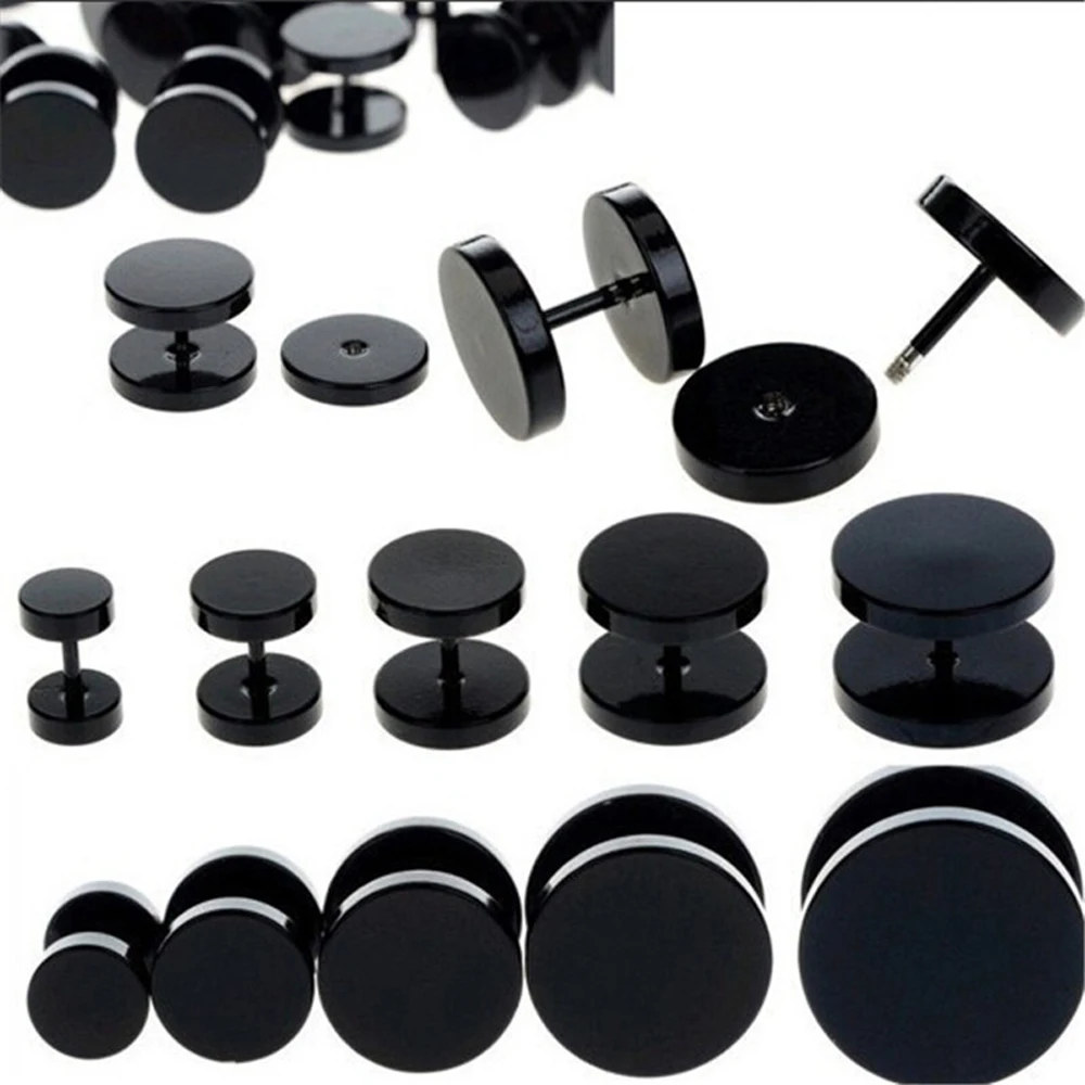 One Pair Black Stainless Steel Round Stud Earrings For Women Dumbbell Piercing Earrings Men Punk Fashion Jewelry 2-14mm-animated-img