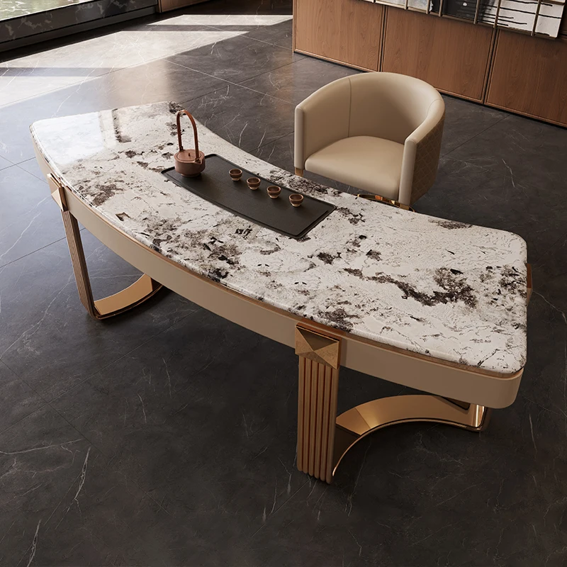 Light Luxury Italian Luxury Stone Tea Table and Chair Combination Modern and Minimalist Office Effort Tea Table Integrated House-animated-img