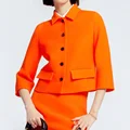 22 Spring Orange Silk Wool Skirt Set Women Long Sleev Single Breasted Lapel Collar Short Blazer Elegant High Waist A-line Skirt preview-2