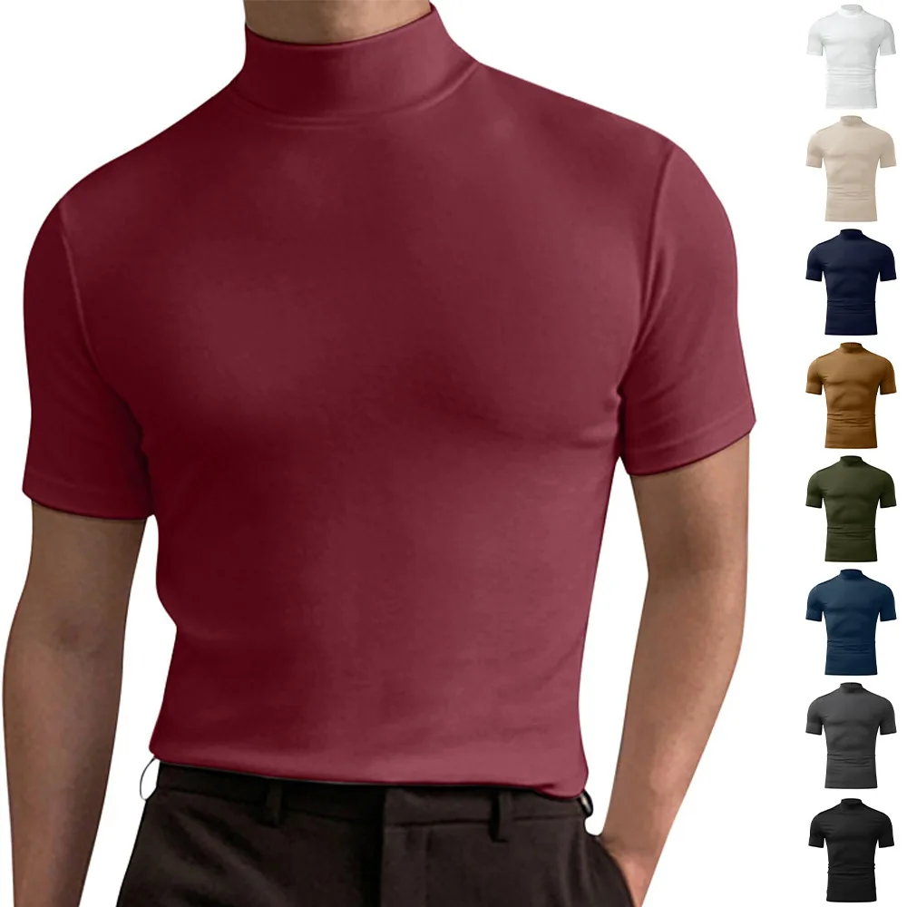 Men Slim T-shirts Summer Male Turtleneck Short Sleeve Short Sleeve Stretch Tee Tops LXDZ-112-animated-img