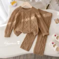 Girls Autumn/Winter New Thickened Knit Fashion Solid Color Jacquard Sweater Korean Style Versatile Trousers 2-Piece Set Trendy preview-2