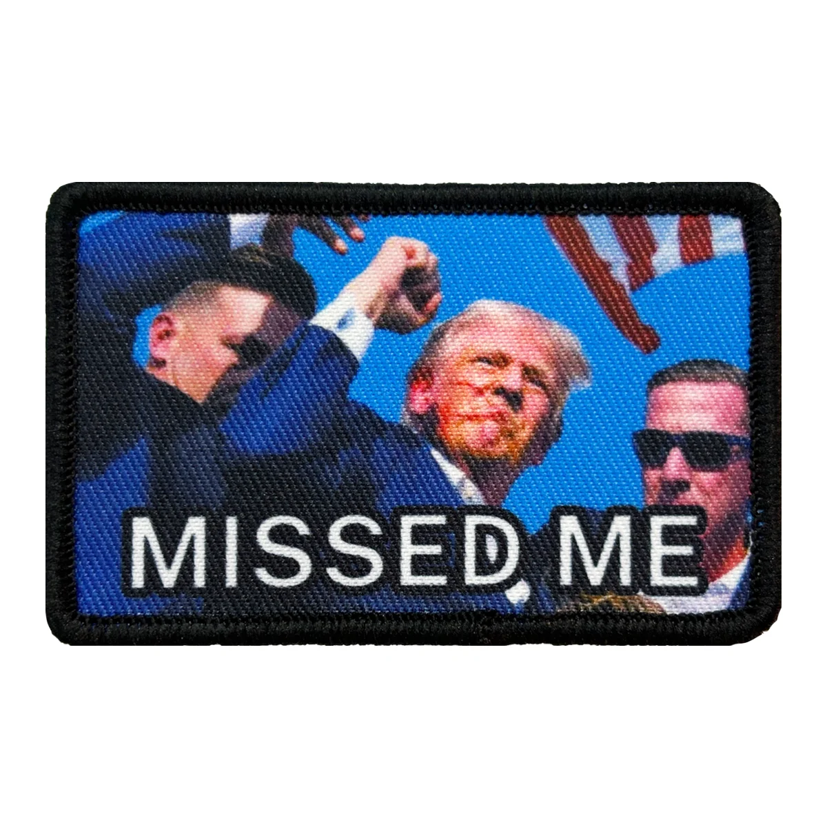 Trump Fist in the Air 'Missed Me' 2"x3" Morale Patch - Humorous Military Meme with Hook and Loop preview-1