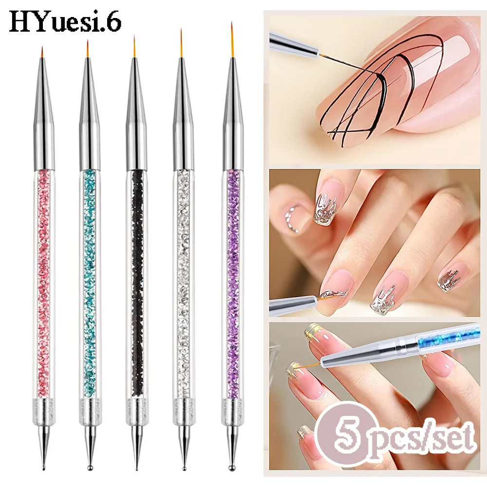 5pcs/Set 2 In 1 Dual-Ended Nail Art Liner Brushes With Crystal Handle Professional UV Gel Dotting Painting Drawing Pen DIY Tools-animated-img
