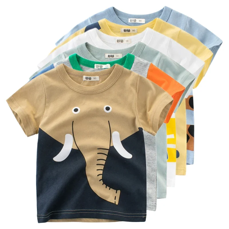 2024 Summer Cartoon Elephant T Shirt Boys Girls Animals Short Sleeve O-Neck T-Shirts Kids Clothes Toddler Cotton Tops-animated-img