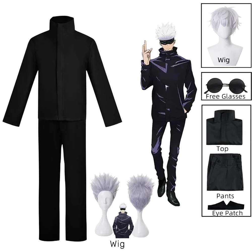 Anime Jujutsu Kaisen Gojo Satoru Cosplay Costume Eye Patch Wigs Glasses Suit Halloween Costumes for Men-animated-img