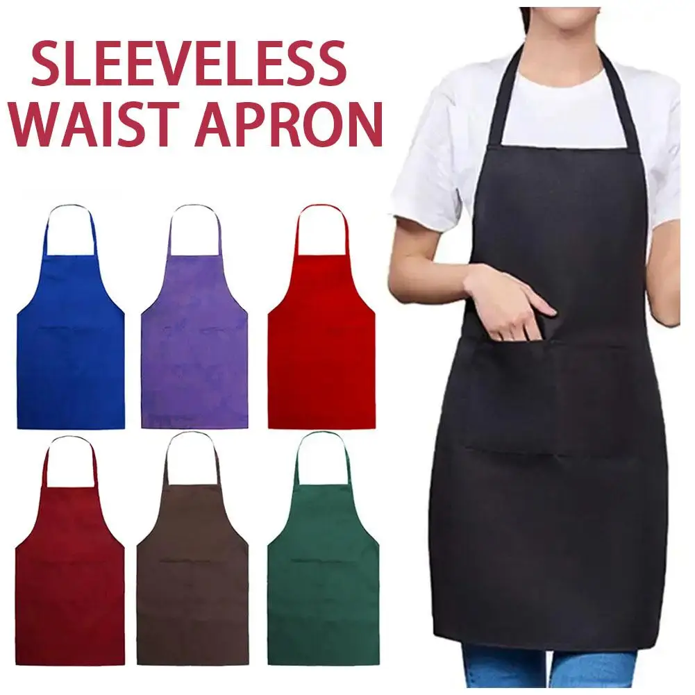 Adjustable Cooking Apron Unisex Waterproof Dust-proof Waiter Hairdresser Apron Chef Color Dirt-resistant Solid Sleeveless S H7K2-animated-img