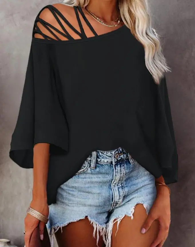 2023 Summer New Fashion Top Casual Loose 7/4 Sleeve Top Bat Sleeve T-shirt Oblique Neck Women's Top Temperament Commuting Style