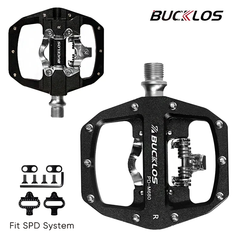 BUCKLOS MTB Pedals Double Function Bicycle Pedal MTB Flat Platform Locked Fit SPD System Non-slip Mountain Bike Pedal with Cleat-animated-img