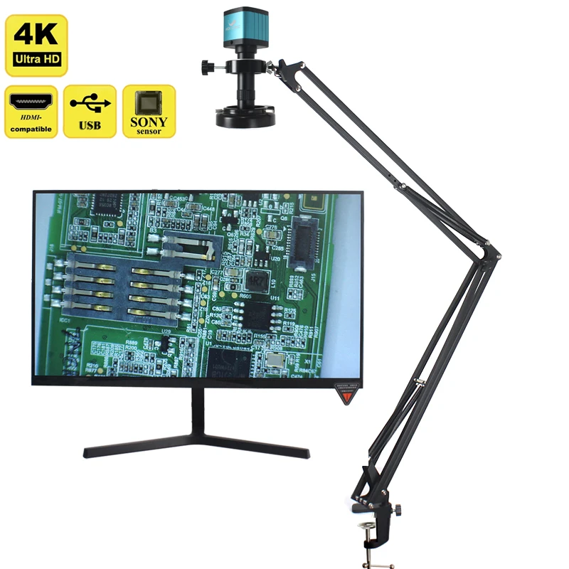 48MP 4K 1080P HDMI USB Industrial Video Digital Microscope Camera 130X Zoom C Mount Lens Cantilever stand For Repair Soldering-animated-img