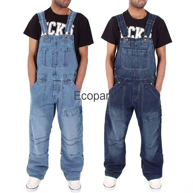 5xl Men's Fashion Jeans Plus Size Casual Overalls Suspenders Jumpsuit Man Loose Work Pants Male Multi Pocket Loose Trousers-animated-img