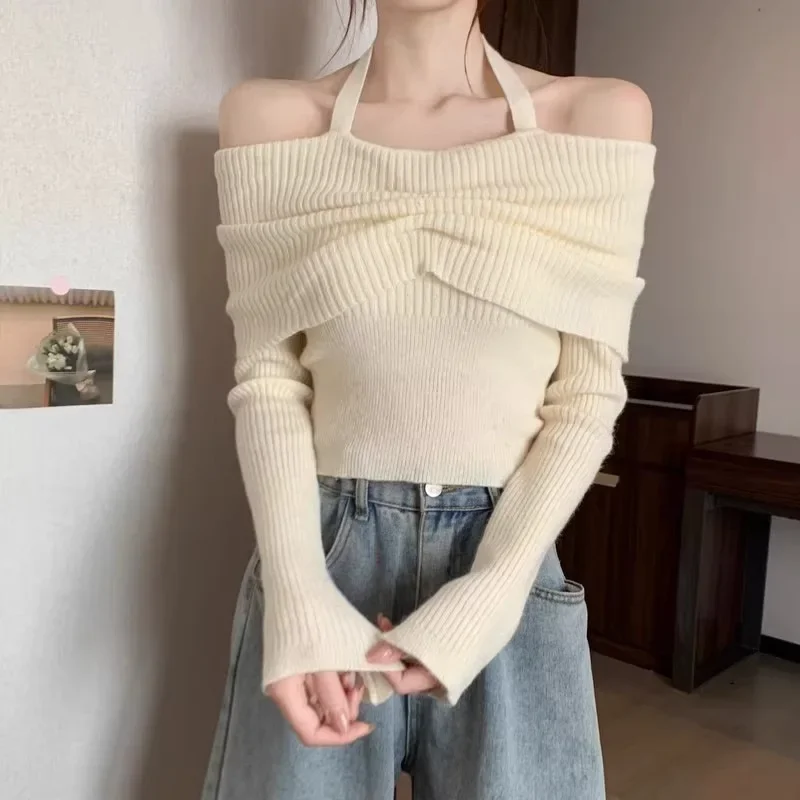 Autumn Winter New French Style Sensibility Off-shoulder Top Women's Versatile Halter Neck Slimming Soft Supple Knit Sweater-animated-img