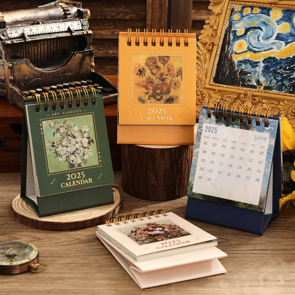 1 pc 2025 Vintage Mini Bronzing Painting Desk Calendar Tabletop Flip Monthly Calendar Student Notepad Schedule Planner Calendar-animated-img