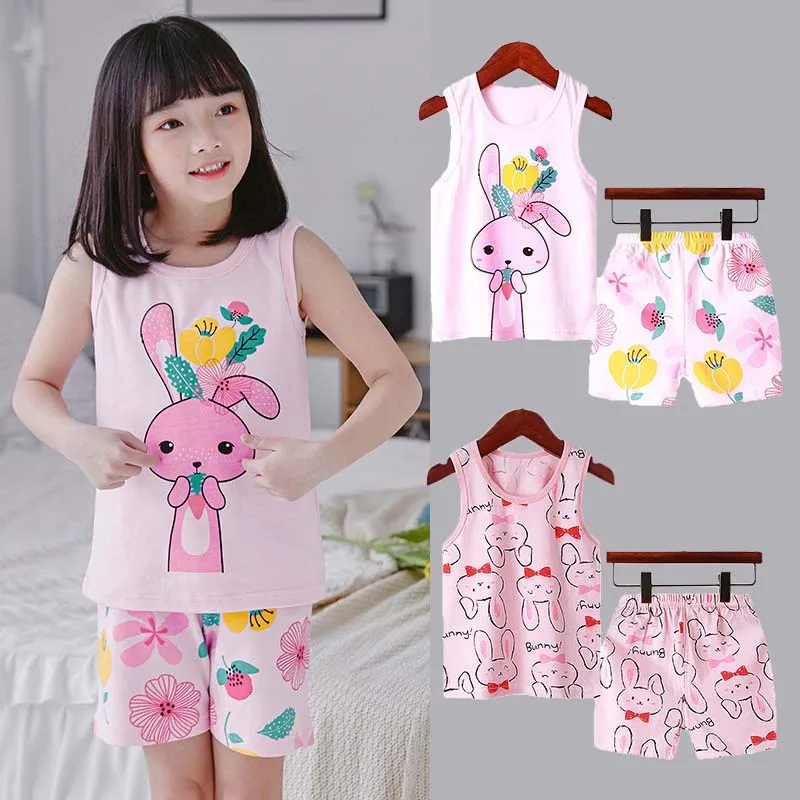 Little Girl Pajamas Cotton Sets for Kids Toddlers 1 to 3 4 5 6 7 8 9 10 Years Pink Rabbit Girl Sleepwear Two Piece Summer Pyjama-animated-img