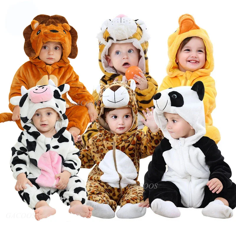 Newborn Baby Tiger Panda Cow Animal Cartoon Romper Kigurumi Girls Onesie Pajamas Hooded Jumpsuit Infant Boys Halloween Costumes-animated-img