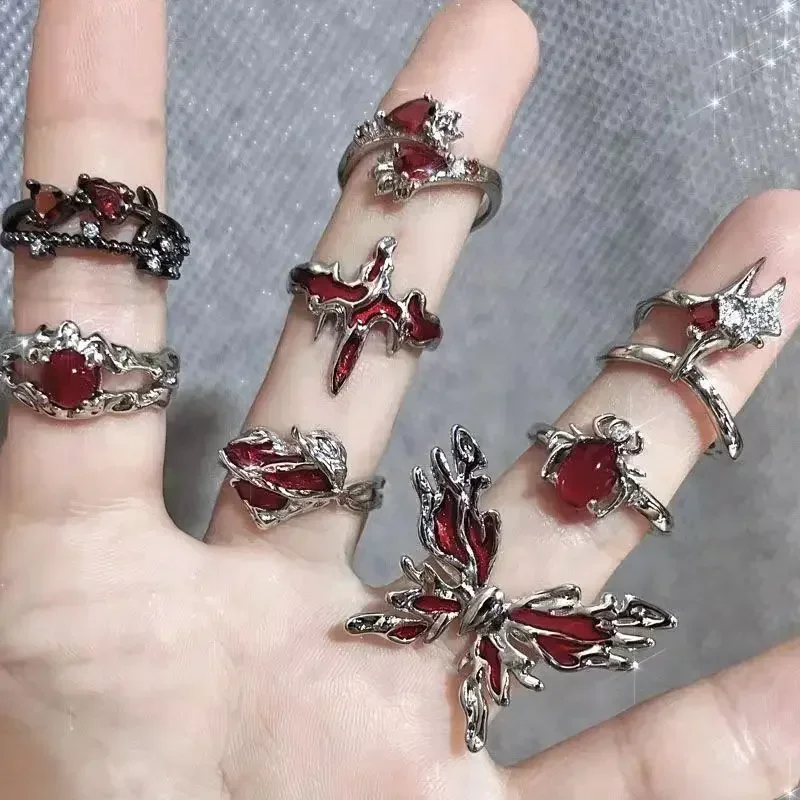 Goth Punk Retro Red Crystal Love Heart Cross Geometry Irregular Open Ring Set Y2K Halloween Accessories for Women Kpop Jewelry-animated-img