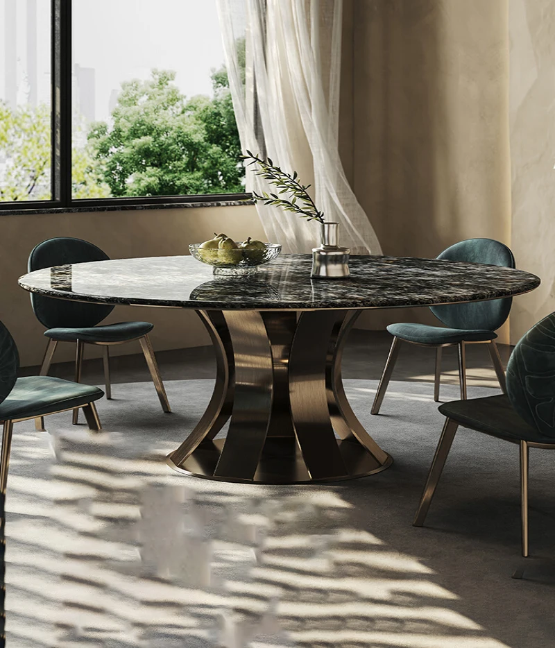 Designer light luxury natural luxury stone round table and chair combination high-end villa restaurant marble table with turntab-animated-img