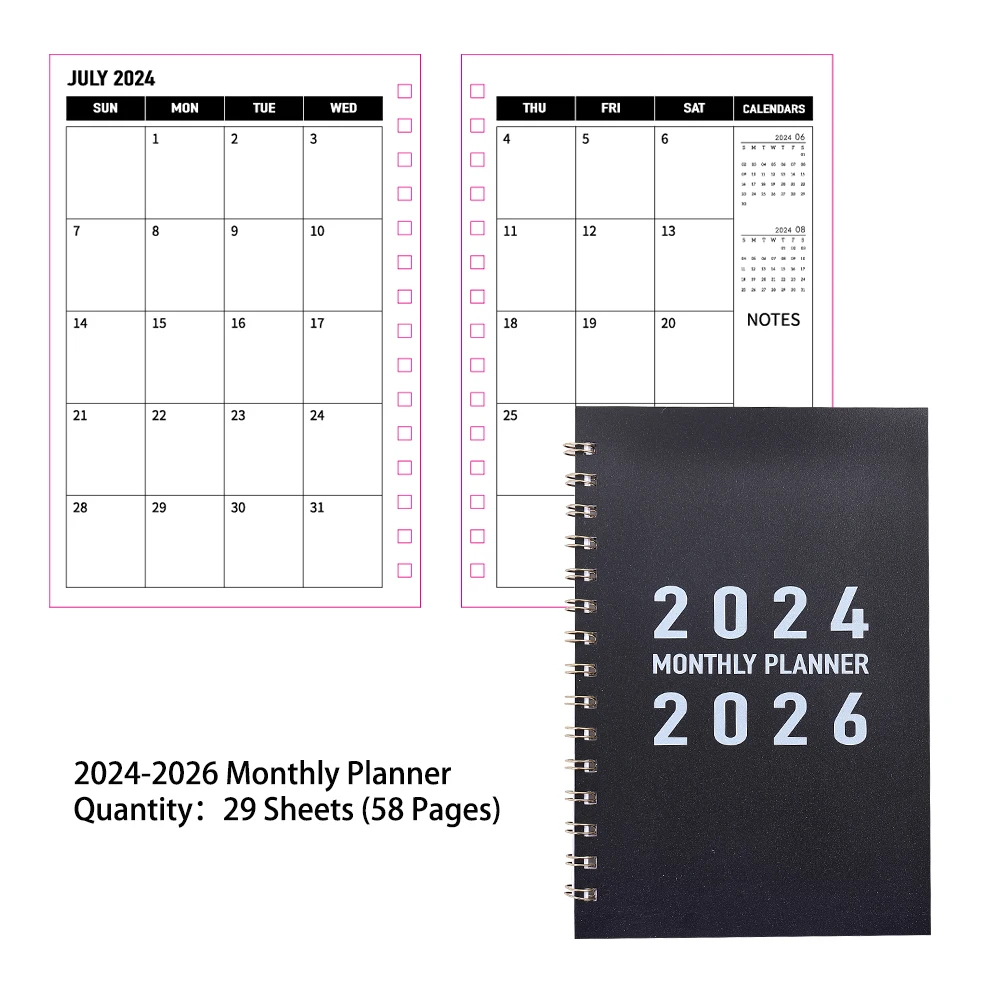 29 sheets 2024-2026 Monthly Planner Black PVC Waterproof Cover Monthly Calendar Notebook Daily Schedules For School Office Home-animated-img