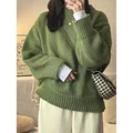 Japanese Vintage Green Round Neck Pullover Sweater Women's Loose Fit Casual Style Thickened Autumn Winter Outerwear Knit Top preview-1