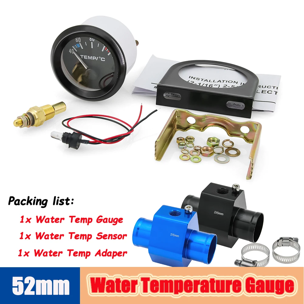 40-120 Celsius Car 52mm Water Temperature Gauge with Adaptor Joint Pipe Radiator 1/8NPT Sensor Racing Water Tank Level Indicator-animated-img