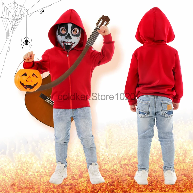 Kids Anime Moive Miguel Cosplay Costumes Boys Red Hoodie Jacket With Terror Mask Halloween Day Of The Dead Costumes For Children-animated-img