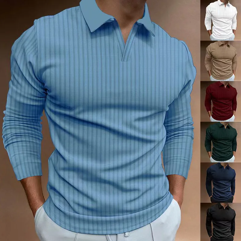 Men Long Sleeve Striped Knitted T-shirts Casual Male Stretch Elastic Stand Collar Tee Tops  LXDZ-KJ-P9-V-animated-img