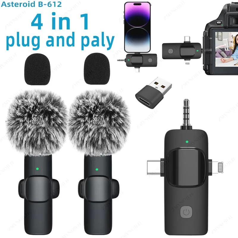 Professional 4 In 1 Wireless Lavalier Microphone for iPhone Android 3.5mm for Radio Live Recording Noise Reduction Mini Microph-animated-img