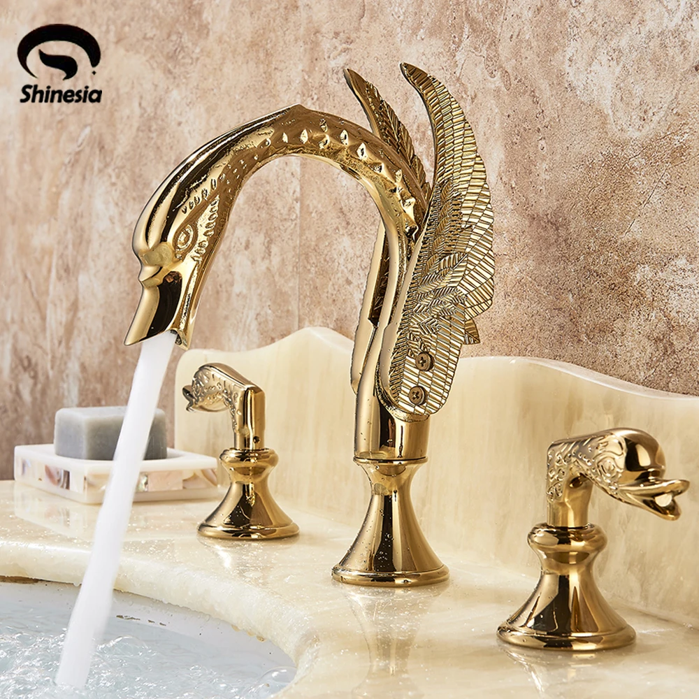 Widespread Antique Brass Swan Bathroom Faucet 3 Hole Polished Brass/  Chrome/ Matte Black Hotel Creative Crystal Handle Luxury Bathtub Faucet
