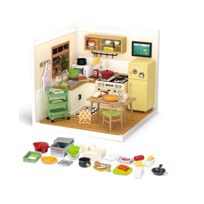 Robotime Miniature House Kits Super World Dolls House Model Kits with Furniture Accessories Happy Meals Kitchen for Girls Adults-animated-img