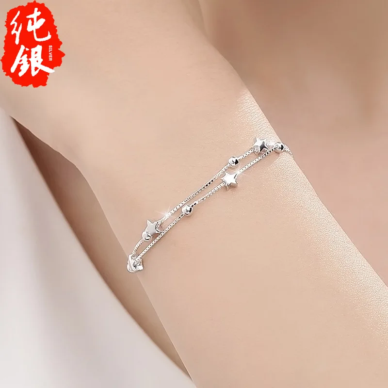 925 Sterling Silver Bead Chain Bracelets For Women Korean Sweet Double Layer Beautiful Stars Bracelets Original Jewelry Gifts preview-2