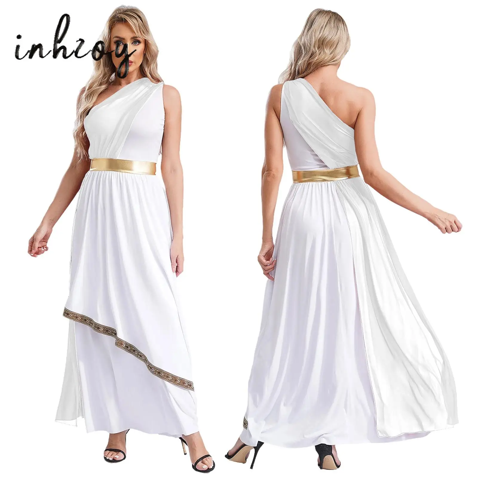 Womens Ancient Greek Costume Halloween Greek Princess Deity Queen Cosplay Flowy Tulle Chiffon Toga Dress Carnival Fancy Dress Up-animated-img