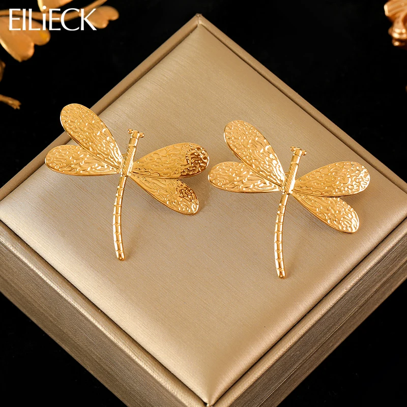 EILIECK 316L Stainless Steel Gold Color Dragonfly Stud Earrings For Women Fashion Waterproof Jewelry Holiday Gift Bijoux Серьги-animated-img