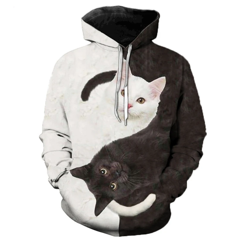 2022 Brand New 3D Cat Print Hoodie Men Women Black White Long Sleeve Hooded Pullover Sweatshirts Mens Tops