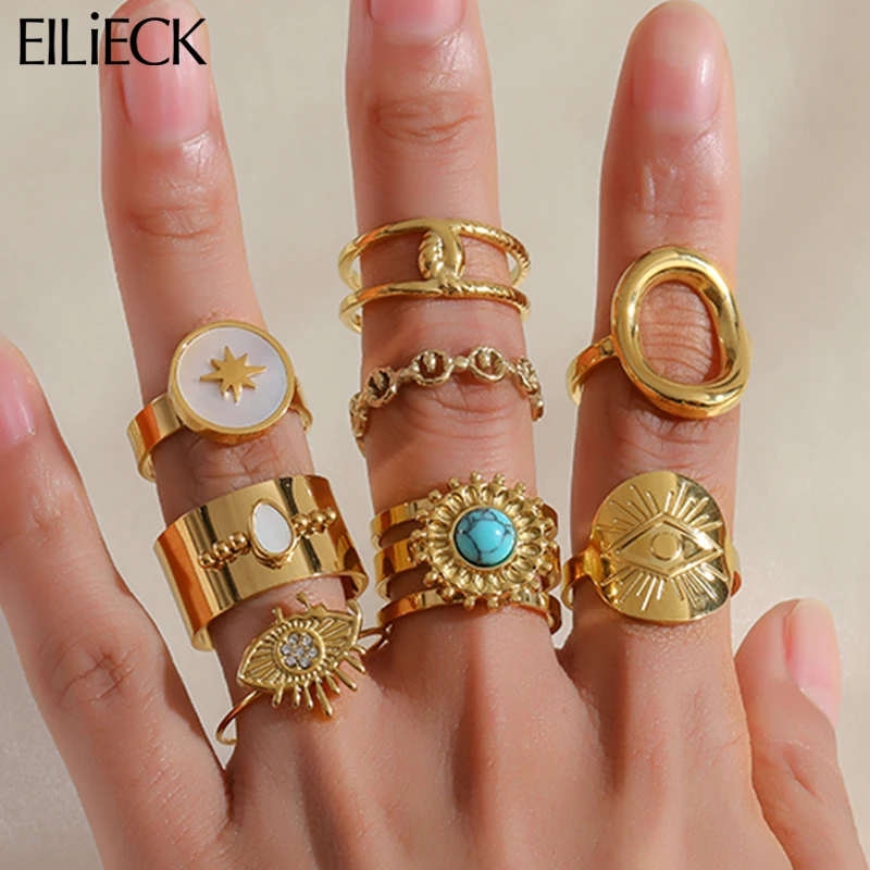 EILIECK 316L Stainless Steel Geometric Hollow Open Cuff Rings For Women Girl Vintage New Waterproof Jewelry Friend Gift Party-animated-img