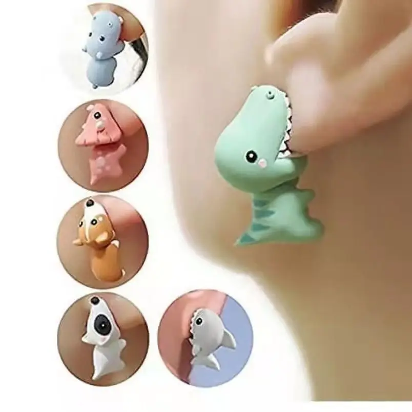 2pcs/1pair Animal Cartoon Stud Earring For Women Cute Dinosaur Little Dog Whale Clay Bite Ear Jewelry Funny Gifts Fashion-animated-img