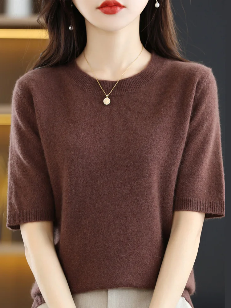 New Fashion Women Summer T-shirt Merino Wool O-neck Short Sleeve Pullover Cashmere Sweater Basic Soft Comfy Clothing Korean Tops-animated-img