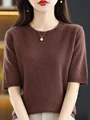 New Fashion Women Summer T-shirt Merino Wool O-neck Short Sleeve Pullover Cashmere Sweater Basic Soft Comfy Clothing Korean Tops preview-1