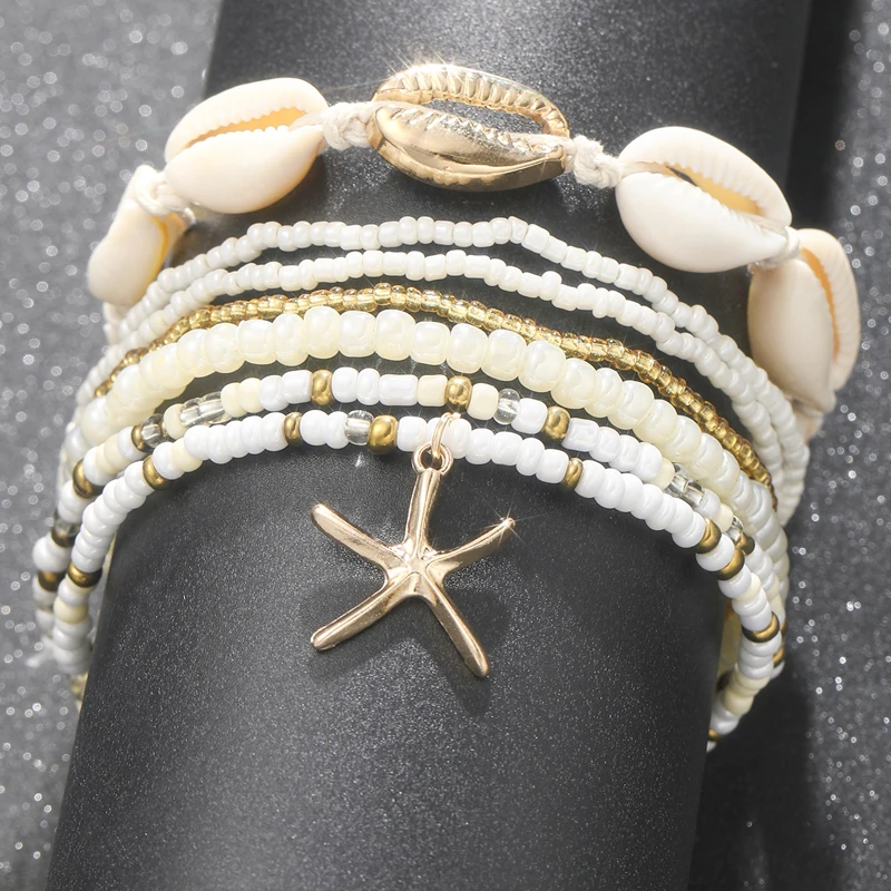 7pc/set Bohemian Rice Beads Starfish Pendant Anklet Set Fashion Summer Beach Sea Shell Multilayer Ankle Bracelet On Foot Jewelry-animated-img