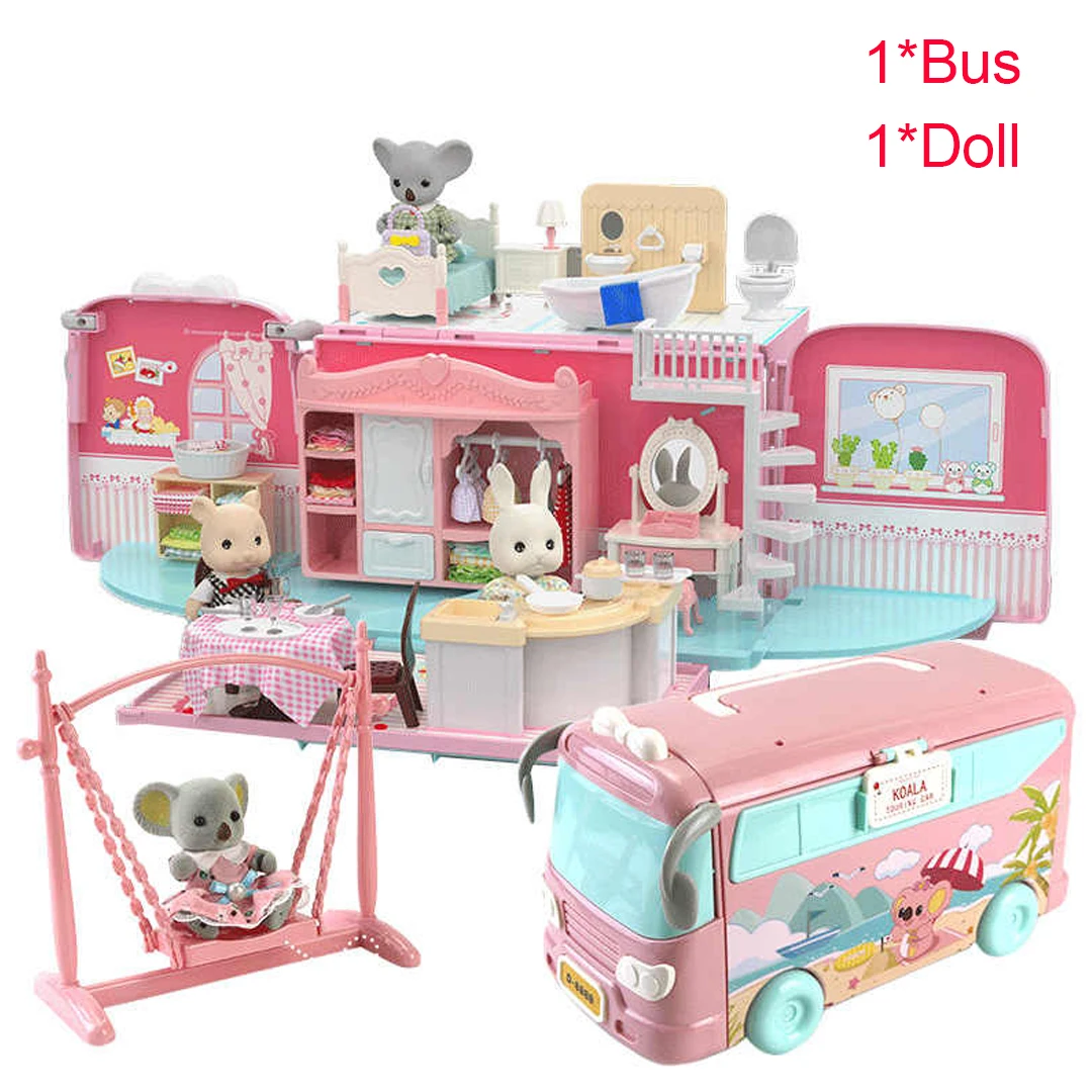 Dollhouse Koala Diary Girl Play House Toy Diy Tour Bus Bedroom Dresser Dining Kitchen Bathroom Shop Pretend Family Toys Girls-animated-img