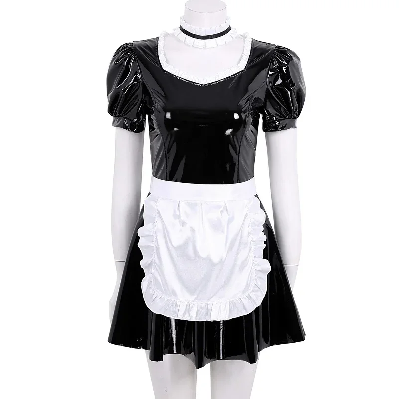 Women Sexy Glossy Patent Leather Maid Cosplay Costume Black Ruffles Apron A-Line Dress French Waitress Outfit Sexy Clubwear-animated-img