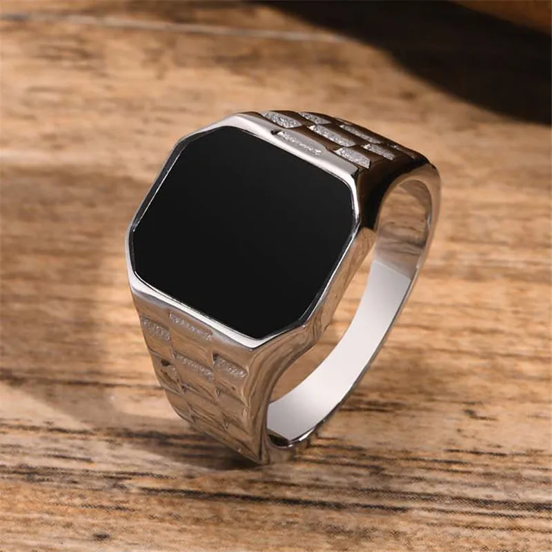 Modyle Watch Bands Rings for Men Women,Stainless Steel Black Square Signet Pinky Thumb Ring for Dad Father Husband Gifts-animated-img