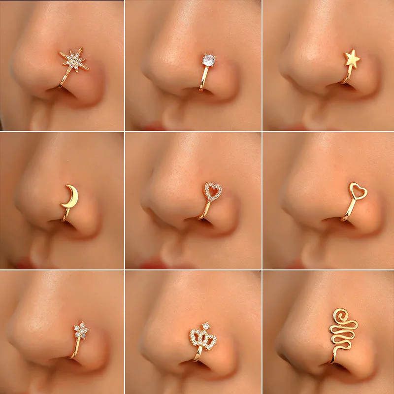 1Pc Copper Fake Piercing Nose Ring Heart Star Crown Clip on Nose Ear Clip Cuff Earring for Women Girl Gift Body Jewelry Nariz-animated-img