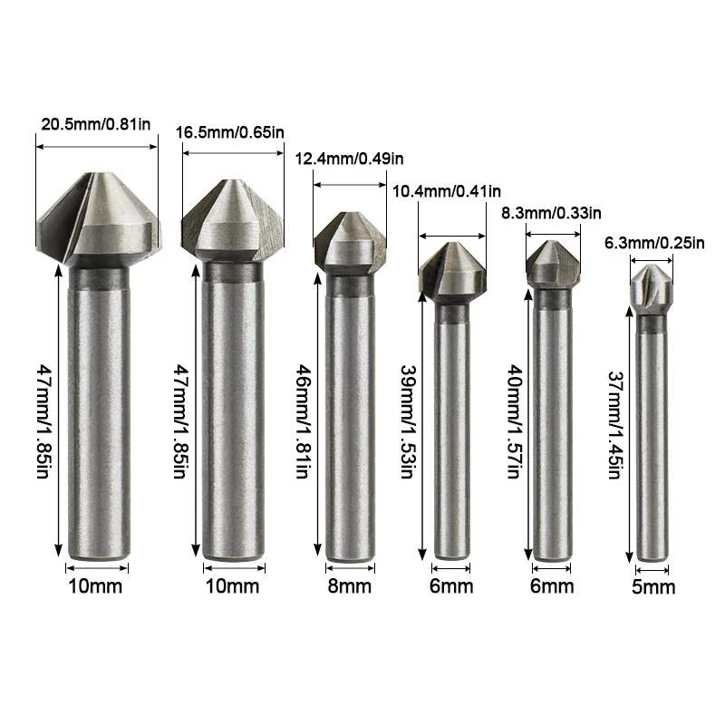 6pcs 3 flute 90 degree HSS Chamfer 