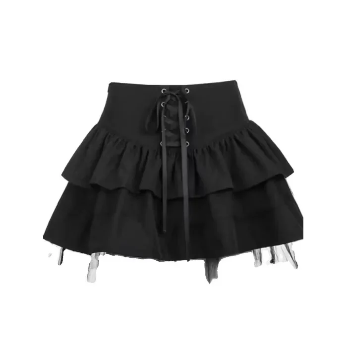 New Arrival Mini Dress High-waisted Hollow Mesh Skirt Women's Summer Style Japanese Kilt Black Ribbon-animated-img