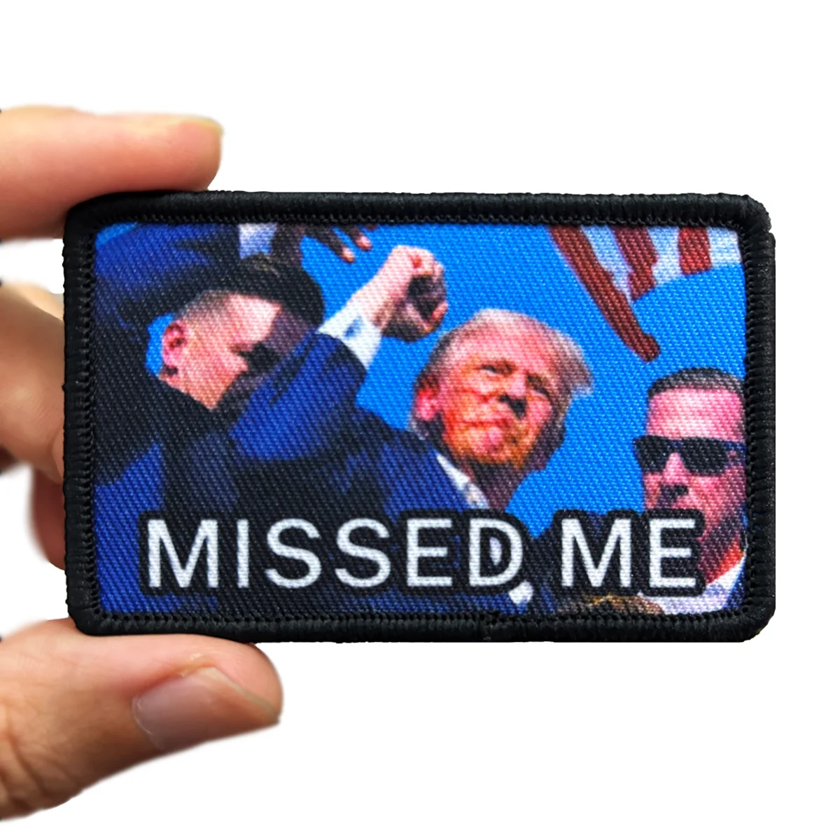 Trump Fist in the Air 'Missed Me' 2"x3" Morale Patch - Humorous Military Meme with Hook and Loop preview-2