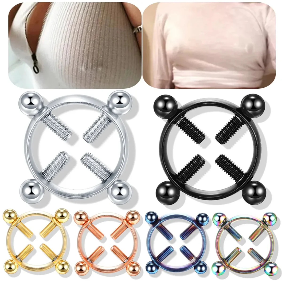 1Pair Fashion Stainless Steel Adjustable Nipple Ring For Women, Various Colors Clip On Nipple Rings Fake Nipple Piercing Jewelry-animated-img