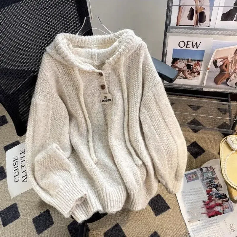 Autumn/Winter Hooded Sweater Women's Korean Style Loose Fit 2024 Idle Style Thickened Drawstring Knitted Top Sweatshirt-animated-img