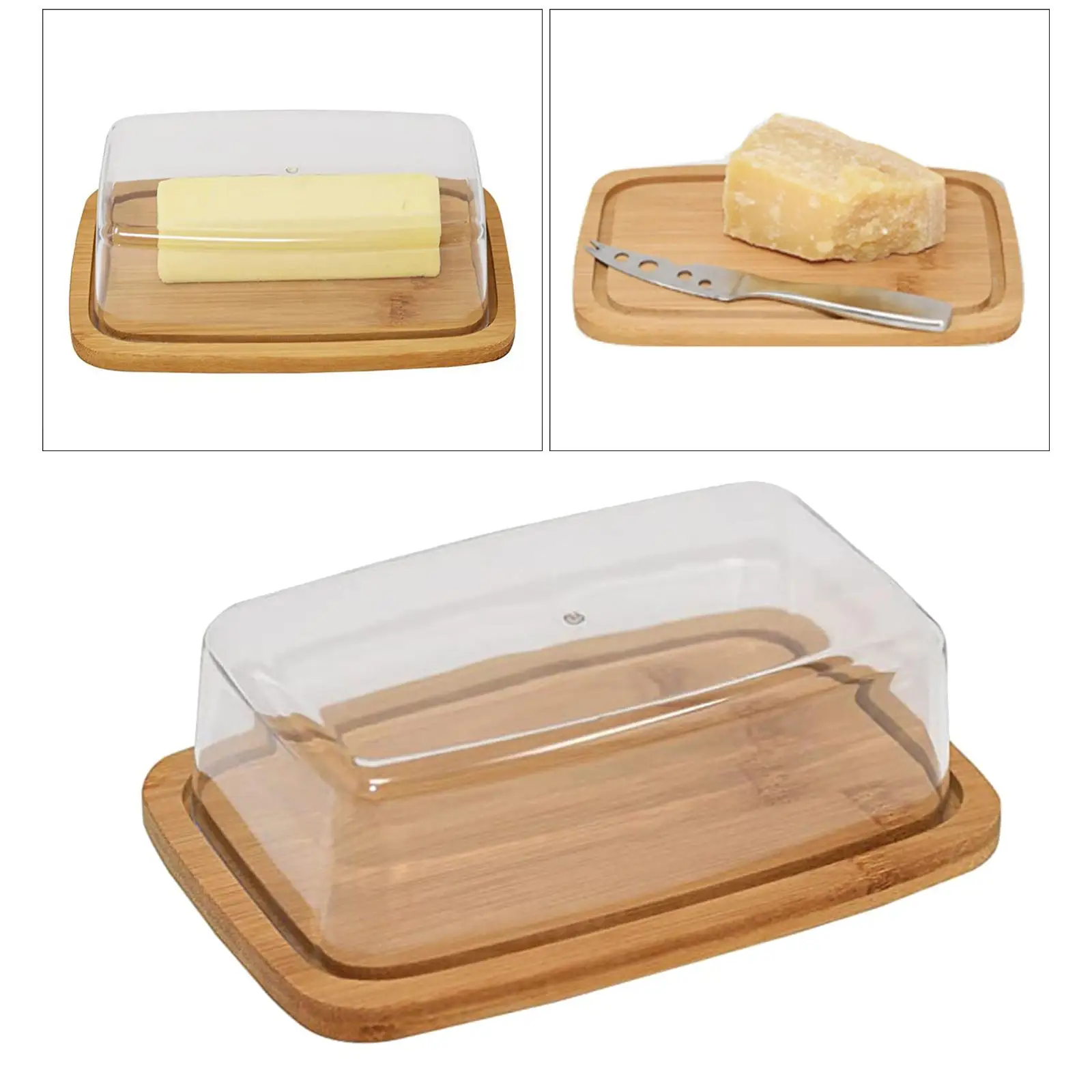 Bamboo Butter Dish Rectangular Cheese Storage Tray Plate Food Container With Glass Acrylic Lid Keeper Tool Kitchen Tableware-animated-img