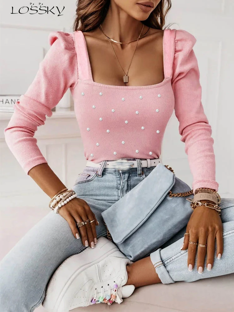 T Shirt For Women Knitted Long Sleeve Tops Pink Pulovers Square Collar Pearl Shirts & Blouses Winter Youthful Woman Clothes 2023-animated-img