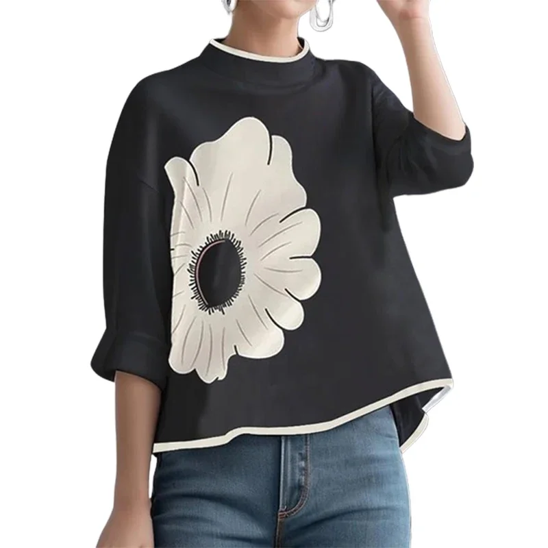 Gymystars Women's Flower Printed Clothes T-Shirts 2024 Mock Neck T-Shirts Summer Black Casual Autumn y2k Tops For Women-animated-img